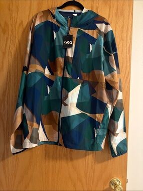 DSG Geometric Hooded Windbreaker - Teal, Navy & Brown